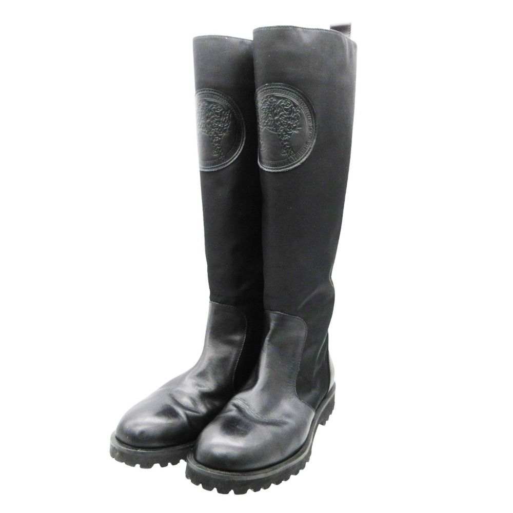 Versace Versus Boots Long Leather Nylon Leopard Motif Patch Shoes Black