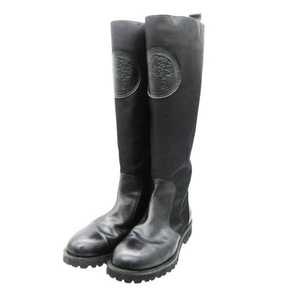 Versace Versus Boots Long Leather Nylon Leopard Motif Patch Shoes Black