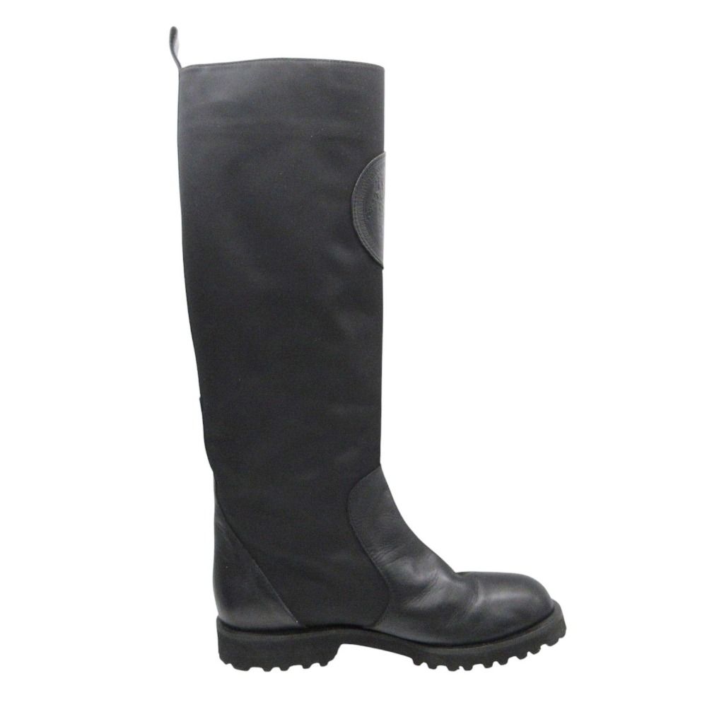 Versace Versus Boots Long Leather Nylon Leopard Motif Patch Shoes Black — view 3