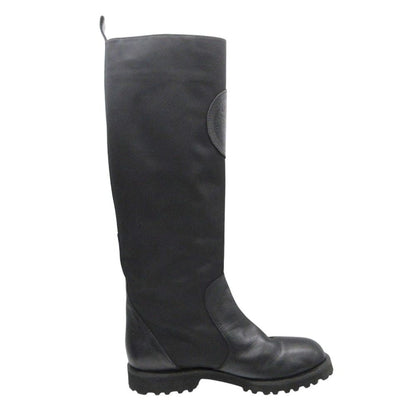 Versace Versus Boots Long Leather Nylon Leopard Motif Patch Shoes Black — view 3