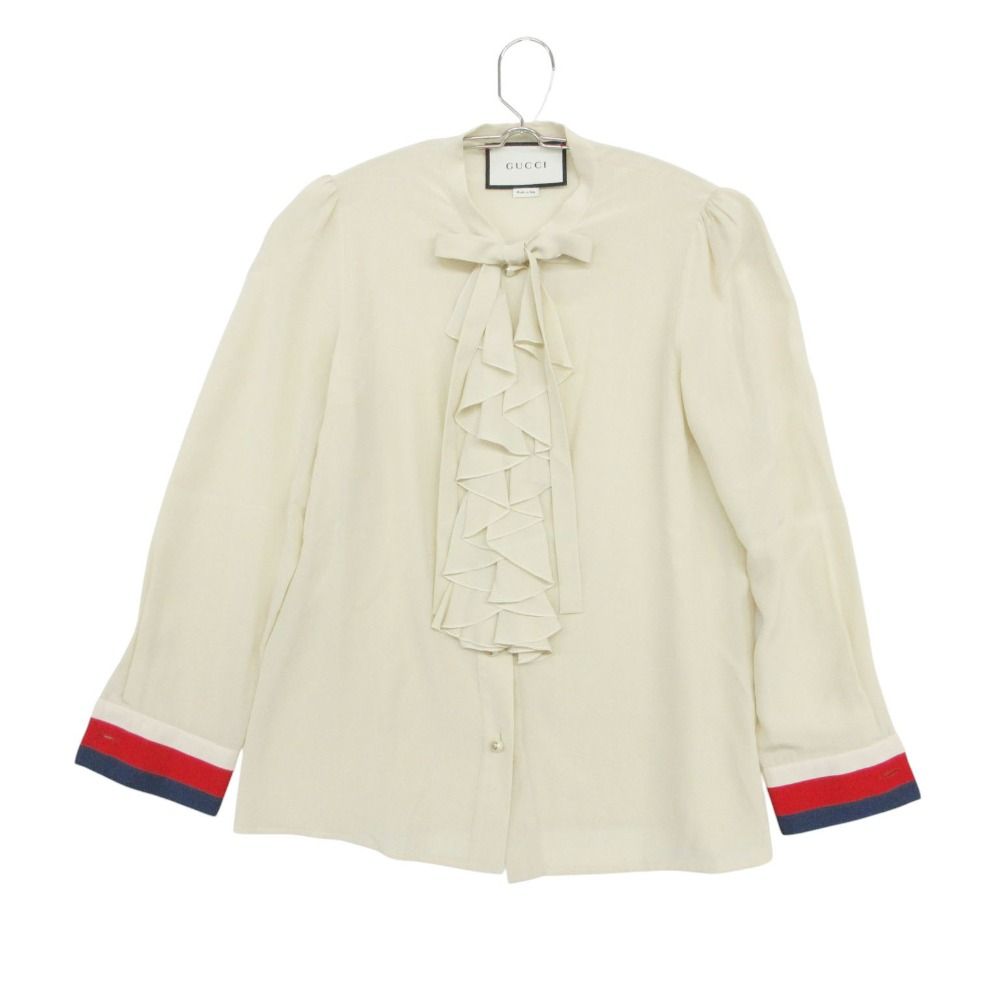Gucci Long Sleeve Shirt Ruffle Blouse Bowtie Ribbon GG Pearl Button Top Beige 36