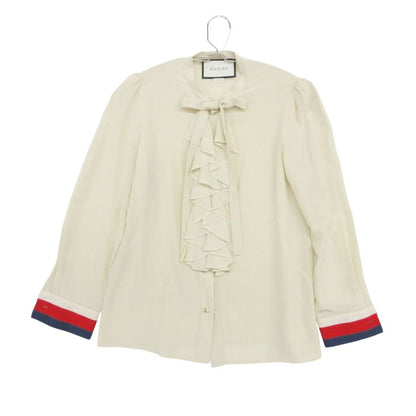 Gucci Long Sleeve Shirt Ruffle Blouse Bowtie Ribbon GG Pearl Button Top Beige 36