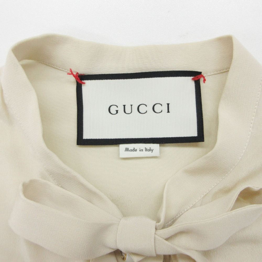 Gucci Long Sleeve Shirt Ruffle Blouse Bowtie Ribbon GG Pearl Button Top Beige 36 — view 8