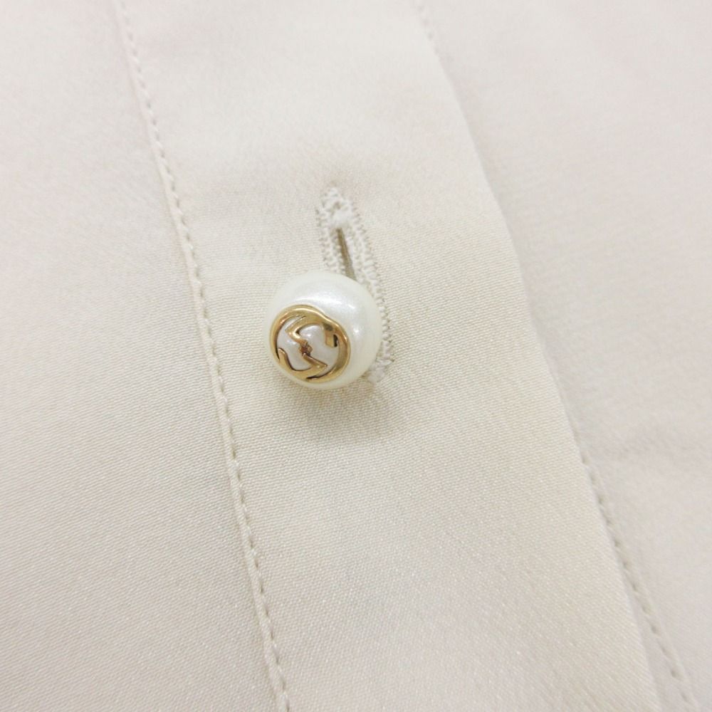 Gucci Long Sleeve Shirt Ruffle Blouse Bowtie Ribbon GG Pearl Button Top Beige 36 — view 7