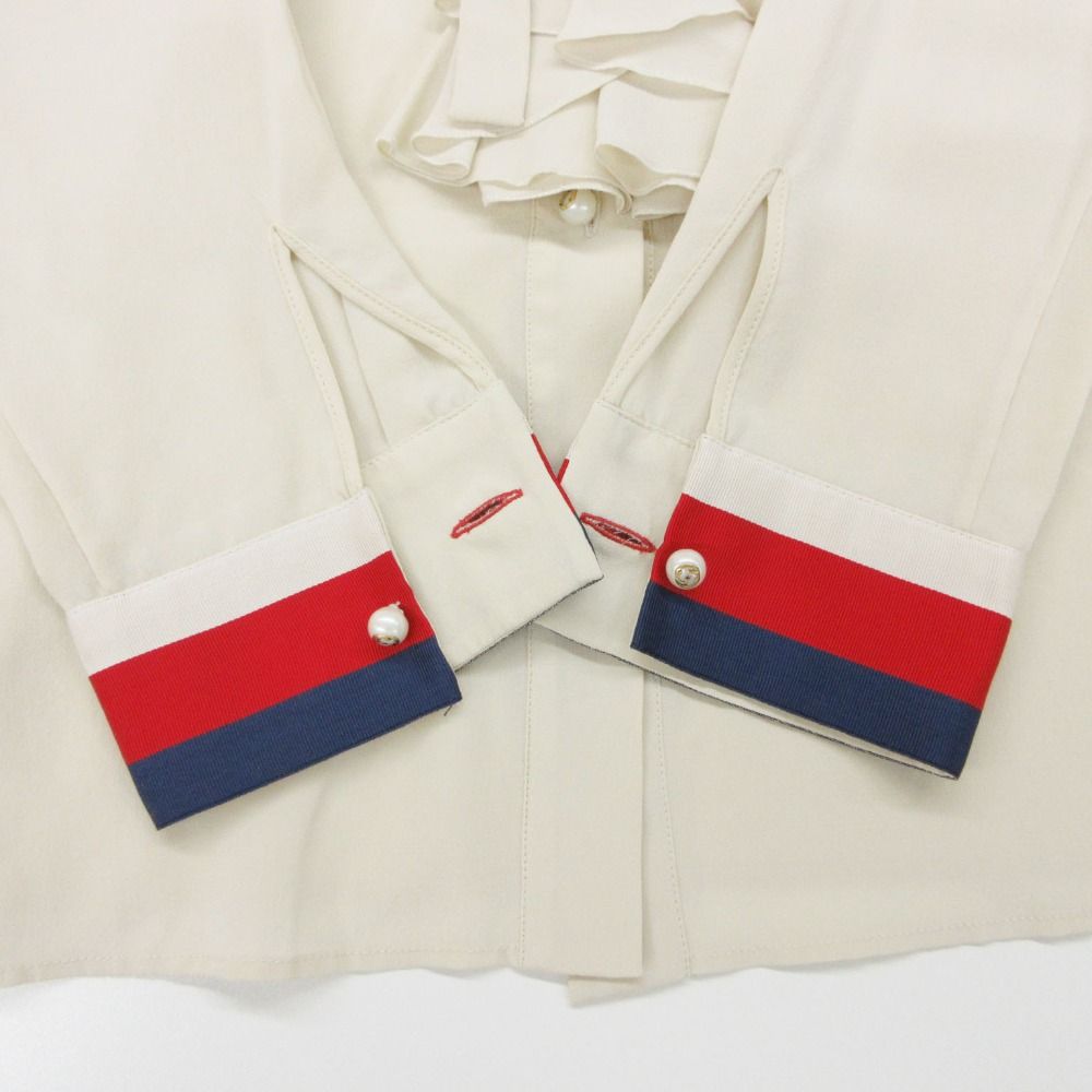 Gucci Long Sleeve Shirt Ruffle Blouse Bowtie Ribbon GG Pearl Button Top Beige 36 — view 6
