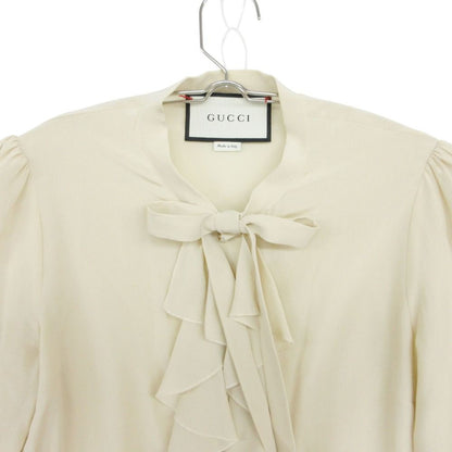 Gucci Long Sleeve Shirt Ruffle Blouse Bowtie Ribbon GG Pearl Button Top Beige 36 — view 3