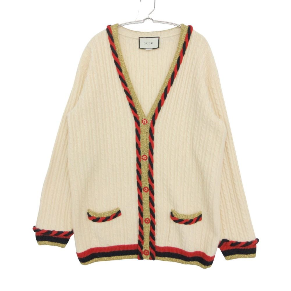Gucci Cardigan Knit Jacket Cable Metallic Web Stripe Trimming Cashmere Blend
