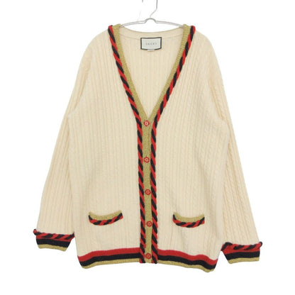Gucci Cardigan Knit Jacket Cable Metallic Web Stripe Trimming Cashmere Blend