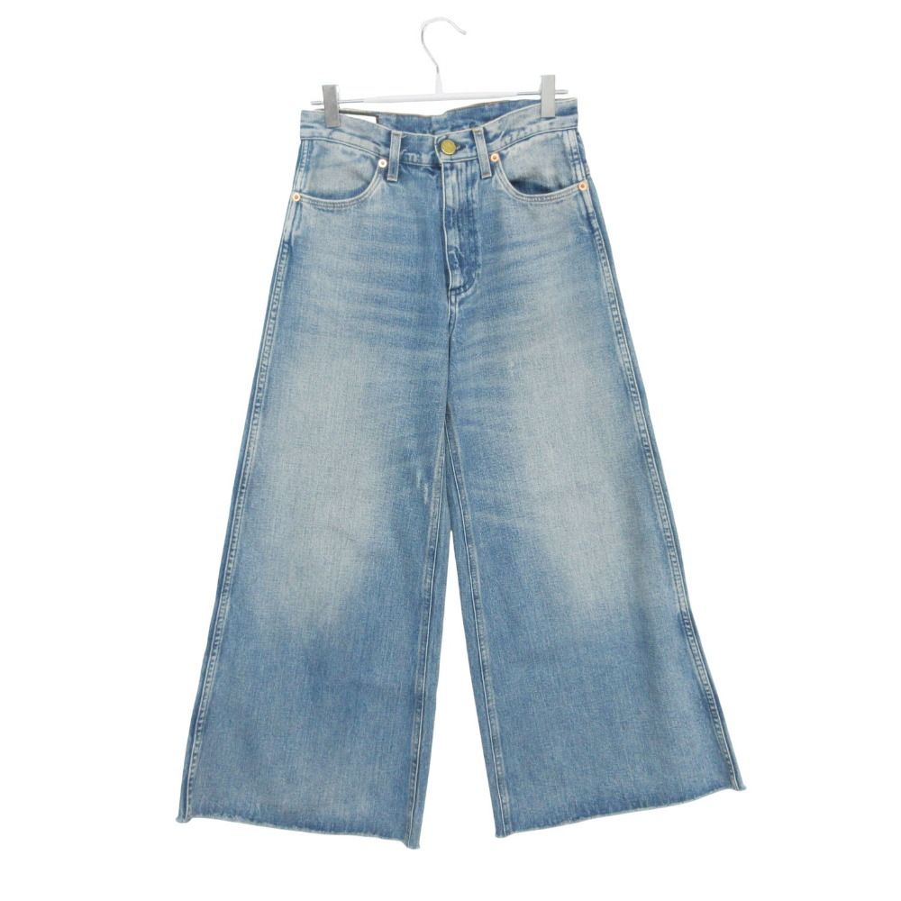 Gucci Denim Pants Wide Cut Off Jeans Strawberry Embroidery Patch Indigo 22