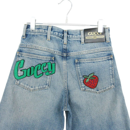 Gucci Denim Pants Wide Cut Off Jeans Strawberry Embroidery Patch Indigo 22 — view 4