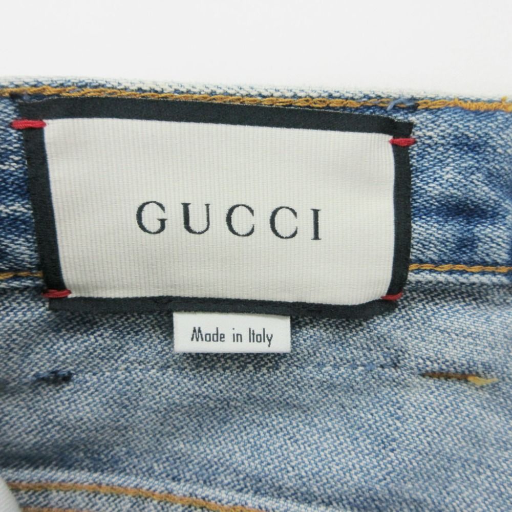 Gucci Denim Pants Wide Cut Off Jeans Strawberry Embroidery Patch Indigo 22 — view 8