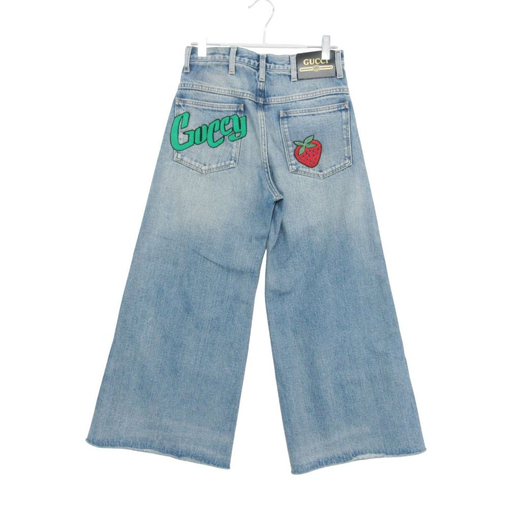 Gucci Denim Pants Wide Cut Off Jeans Strawberry Embroidery Patch Indigo 22 — view 2