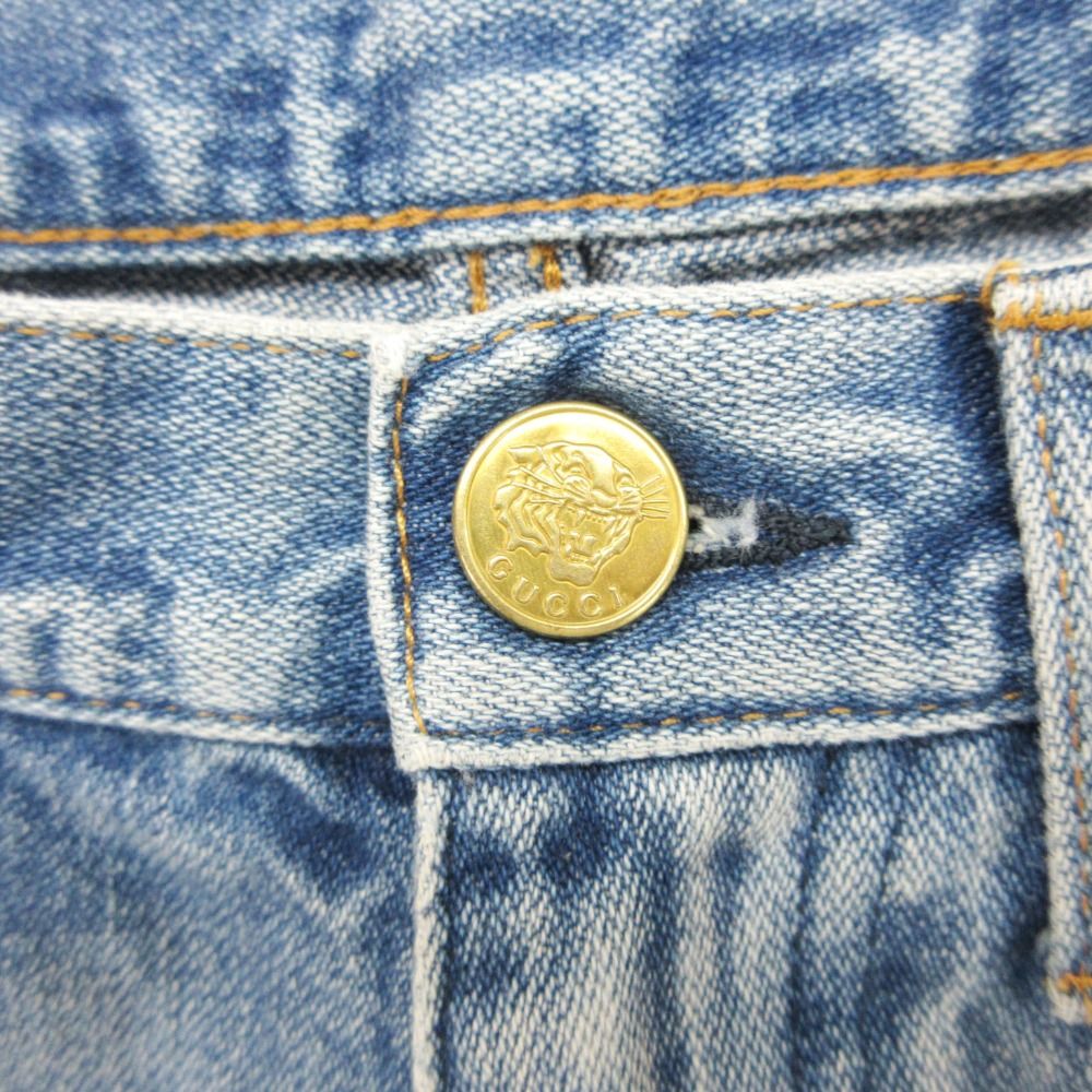 Gucci Denim Pants Wide Cut Off Jeans Strawberry Embroidery Patch Indigo 22 — view 6