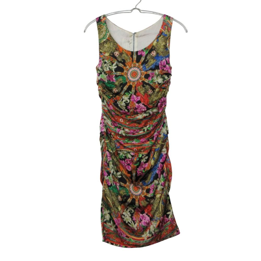 Dolce & Gabbana Dress Silk 100% Sleeveless Shirred Majolica Pattern All Over