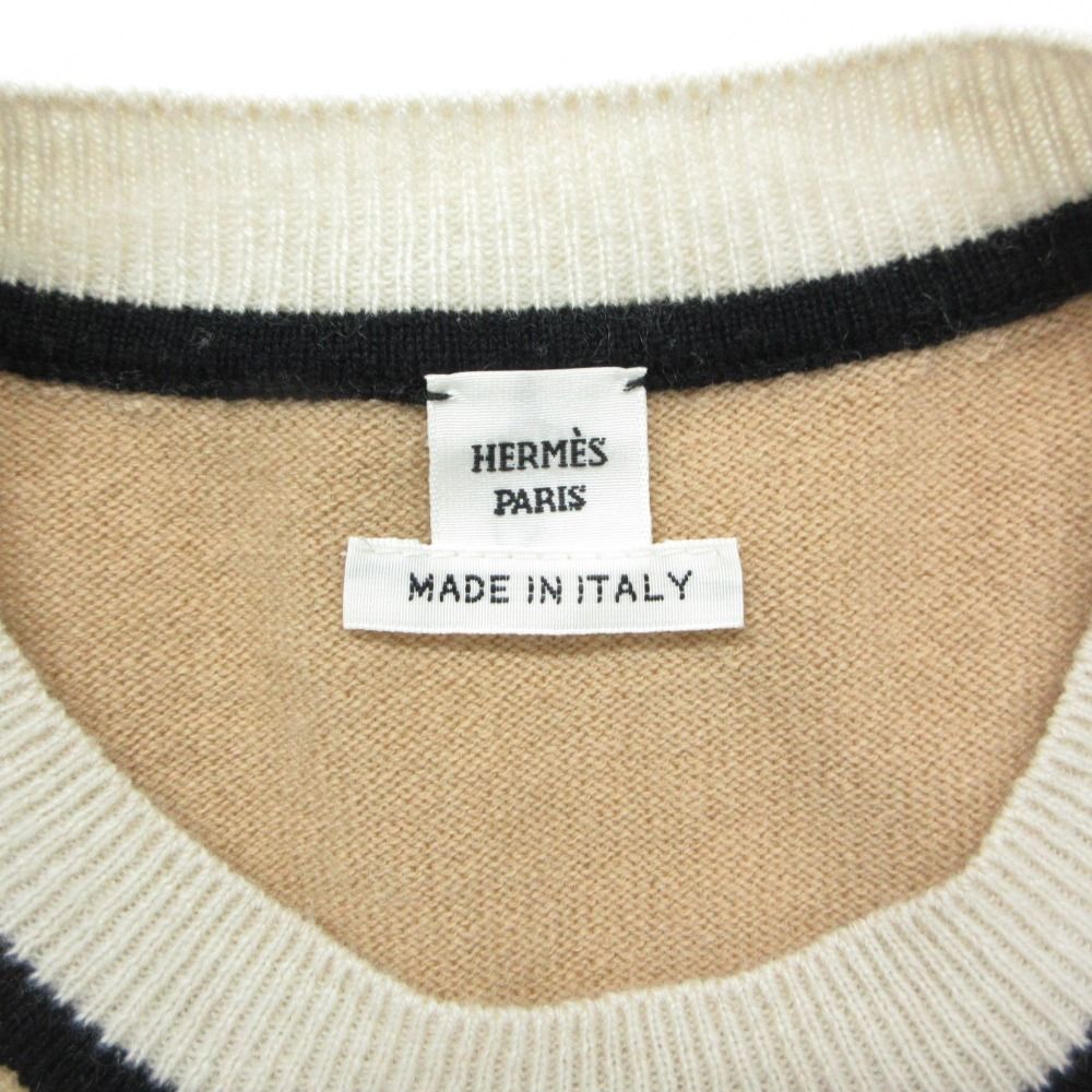 Hermes Knit Cashmere Short Sleeve Sweater Exlibris Embroidery Top Beige 38 — view 8