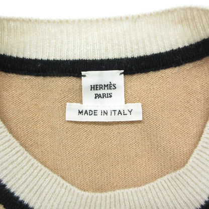 Hermes Knit Cashmere Short Sleeve Sweater Exlibris Embroidery Top Beige 38 — view 8