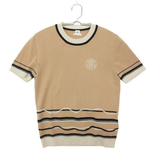 Hermes Knit Cashmere Short Sleeve Sweater Exlibris Embroidery Top Beige 38