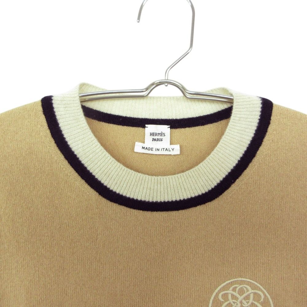 Hermes Knit Cashmere Short Sleeve Sweater Exlibris Embroidery Top Beige 38 — view 3