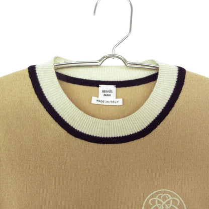 Hermes Knit Cashmere Short Sleeve Sweater Exlibris Embroidery Top Beige 38 — view 3
