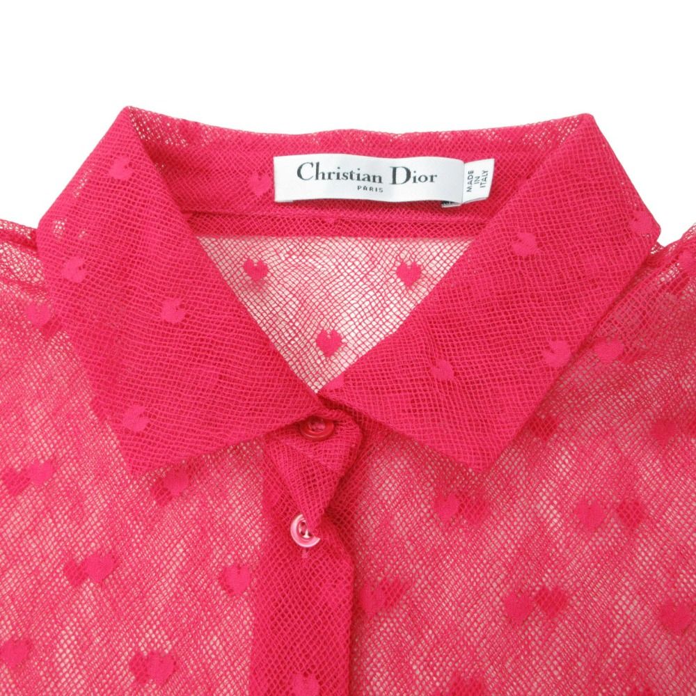 Dior Short Sleeve Shirt Blouse Mesh Sheer Heart Embroidery Bee Logo Top Pink — view 4