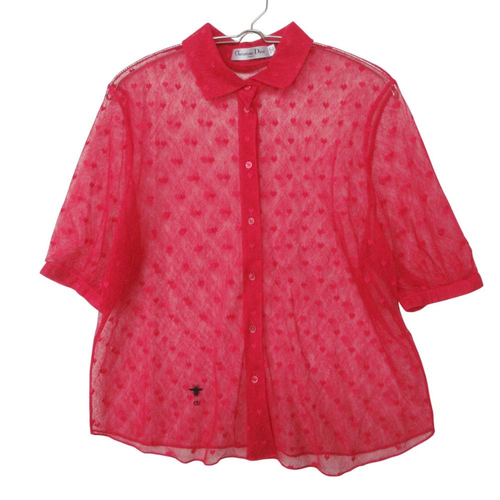 Dior Short Sleeve Shirt Blouse Mesh Sheer Heart Embroidery Bee Logo Top Pink