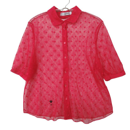 Dior Short Sleeve Shirt Blouse Mesh Sheer Heart Embroidery Bee Logo Top Pink