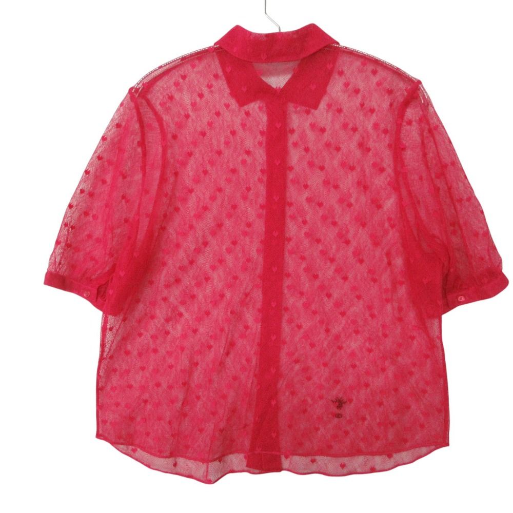 Dior Short Sleeve Shirt Blouse Mesh Sheer Heart Embroidery Bee Logo Top Pink — view 2