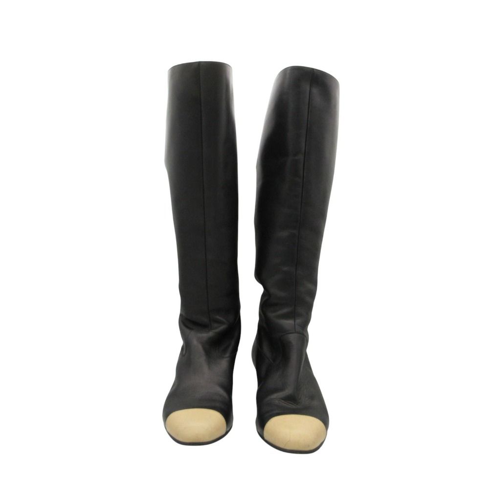 Chanel Long Boots Back Belt Bicolor Cap Toe Knee High Shoes Black — view 3