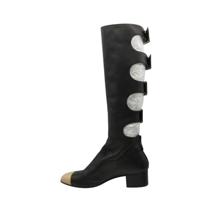 Chanel Long Boots Back Belt Bicolor Cap Toe Knee High Shoes Black