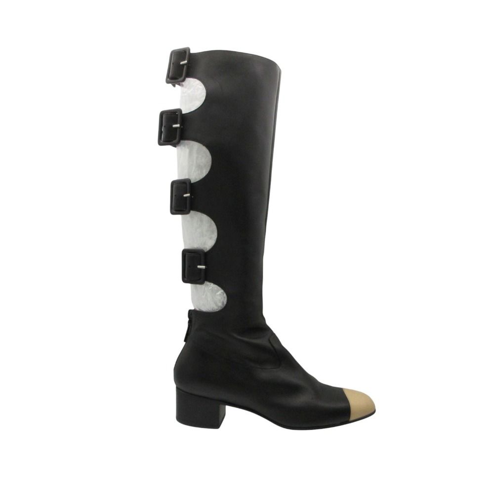 Chanel Long Boots Back Belt Bicolor Cap Toe Knee High Shoes Black — view 2