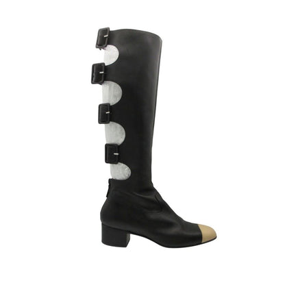 Chanel Long Boots Back Belt Bicolor Cap Toe Knee High Shoes Black — view 2