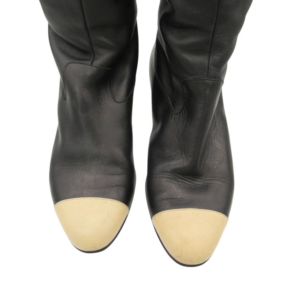 Chanel Long Boots Back Belt Bicolor Cap Toe Knee High Shoes Black — view 5