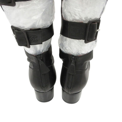 Chanel Long Boots Back Belt Bicolor Cap Toe Knee High Shoes Black — view 6