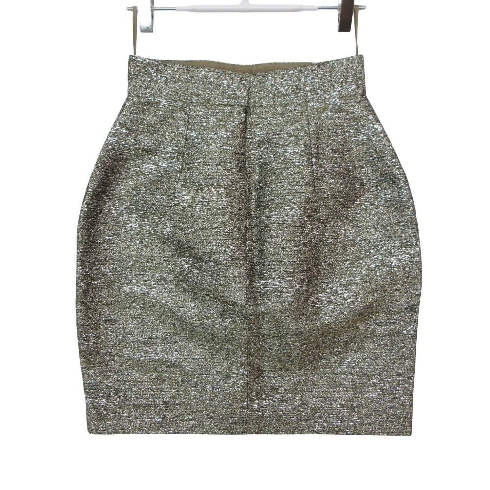 Chanel Mini Skirt Lame Slit Tweed CC Logo Plate Tight Knee Length Gold 34 — view 2