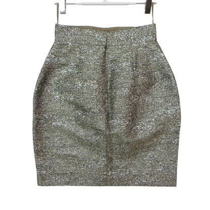 Chanel Mini Skirt Lame Slit Tweed CC Logo Plate Tight Knee Length Gold 34 — view 2