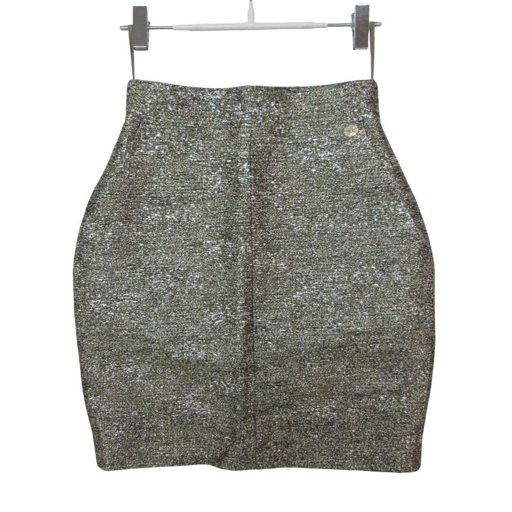 Chanel Mini Skirt Lame Slit Tweed CC Logo Plate Tight Knee Length Gold 34