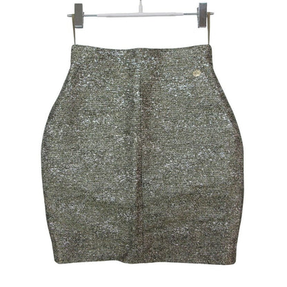 Chanel Mini Skirt Lame Slit Tweed CC Logo Plate Tight Knee Length Gold 34