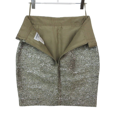 Chanel Mini Skirt Lame Slit Tweed CC Logo Plate Tight Knee Length Gold 34 — view 3