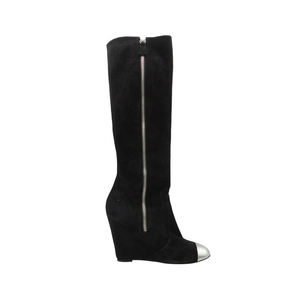 Chanel Long Boots Knee High Wedge Sole Suede CC Logo Cap Toe Shoes Black — view 2