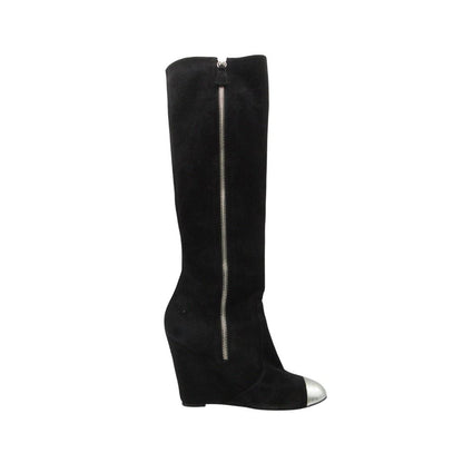 Chanel Long Boots Knee High Wedge Sole Suede CC Logo Cap Toe Shoes Black — view 2
