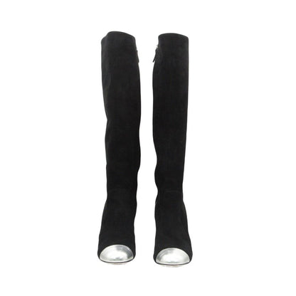 Chanel Long Boots Knee High Wedge Sole Suede CC Logo Cap Toe Shoes Black — view 3