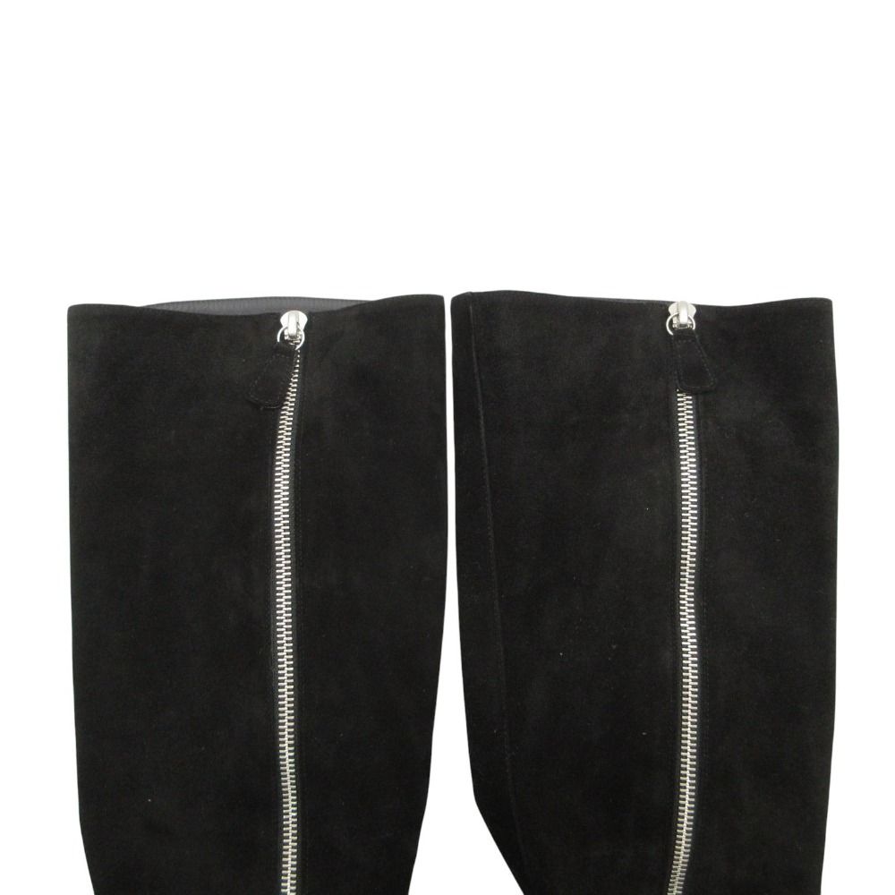 Chanel Long Boots Knee High Wedge Sole Suede CC Logo Cap Toe Shoes Black — view 7