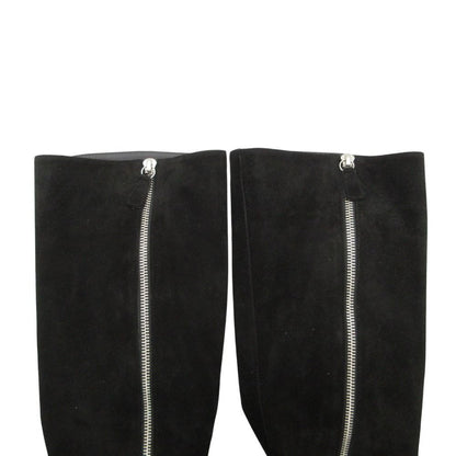 Chanel Long Boots Knee High Wedge Sole Suede CC Logo Cap Toe Shoes Black — view 7