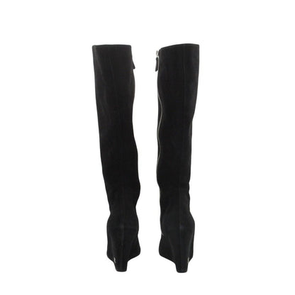 Chanel Long Boots Knee High Wedge Sole Suede CC Logo Cap Toe Shoes Black — view 4