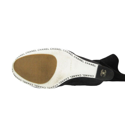 Chanel Long Boots Knee High Wedge Sole Suede CC Logo Cap Toe Shoes Black — view 8