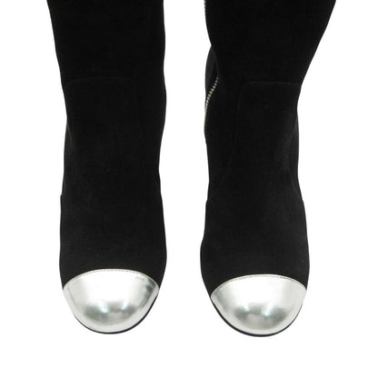 Chanel Long Boots Knee High Wedge Sole Suede CC Logo Cap Toe Shoes Black — view 5