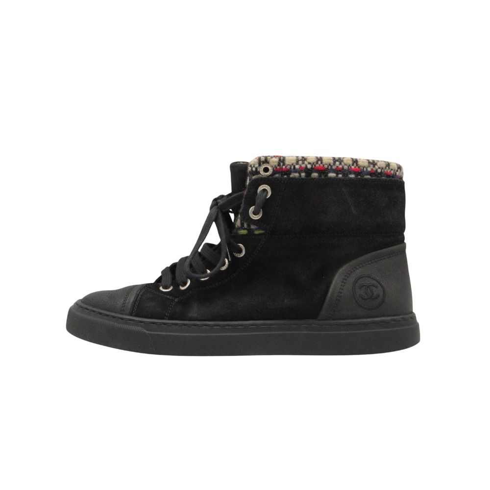 Chanel Sneakers Suede Tweed CC Logo High Cut Shoes Black