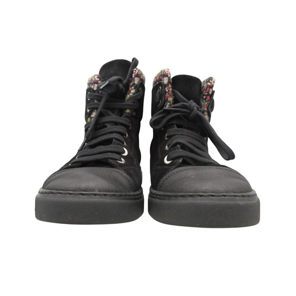 Chanel Sneakers Suede Tweed CC Logo High Cut Shoes Black — view 3