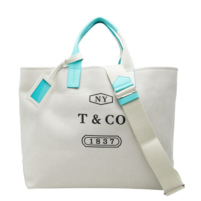 Tiffany & Co Weekend Tote Shoulder Bag 2-Way Ivory Blue Canvas Leather