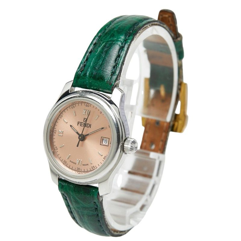 Fendi Orologi 3 Hand Watch Pink Silver Green Stainless Steel Leather — view 2